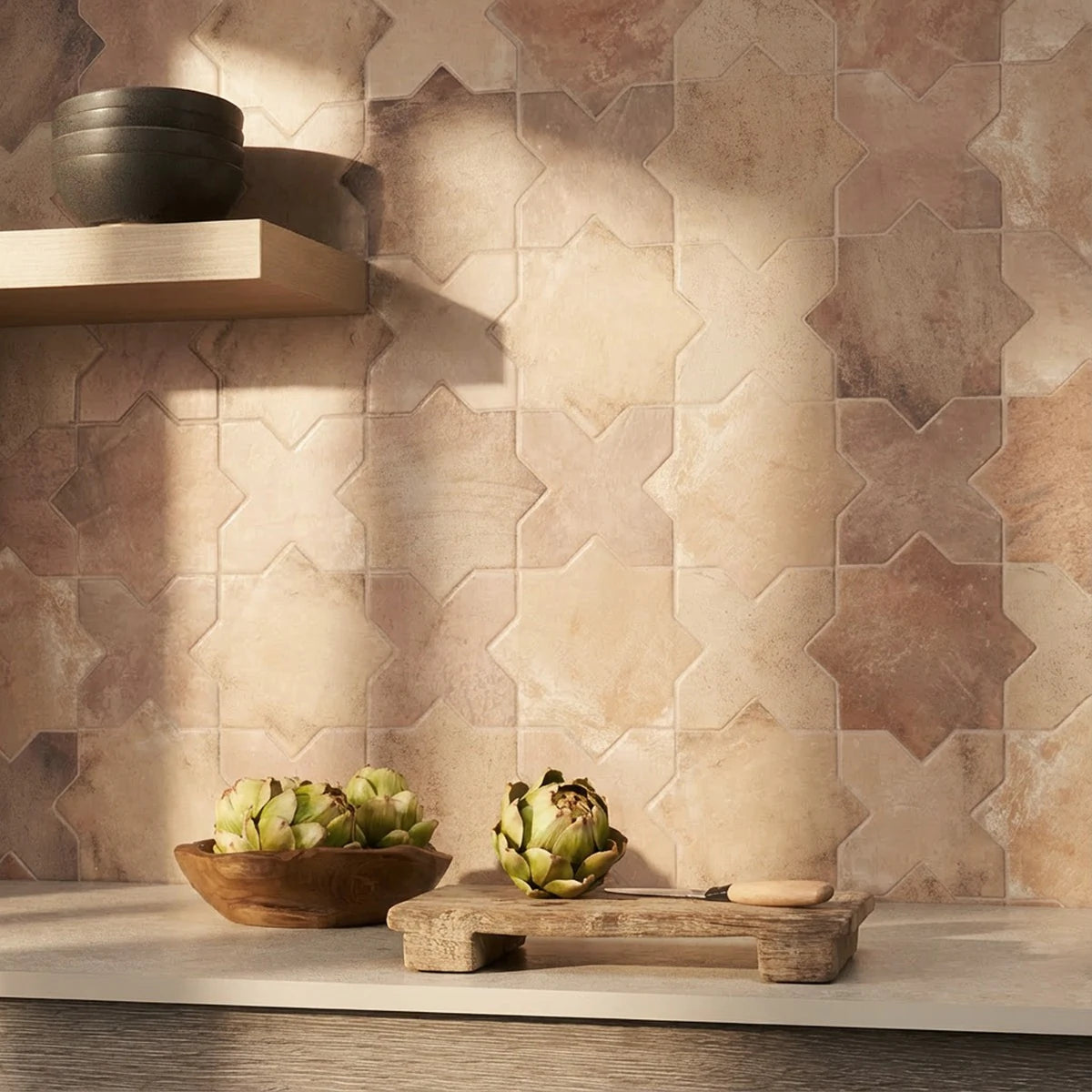 Parma Cotto Brown Matte Star and Cotto Brown Matte Cross 6" Terracotta Look Porcelain Tile