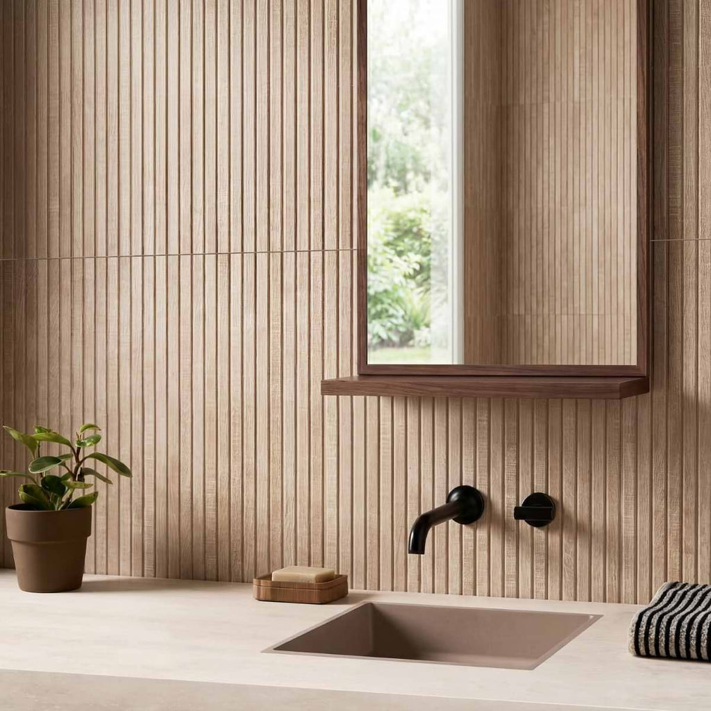 Kenridge Ribbon Maple Brown 24x48 Wood Look Matte Fluted Porcelain Tile